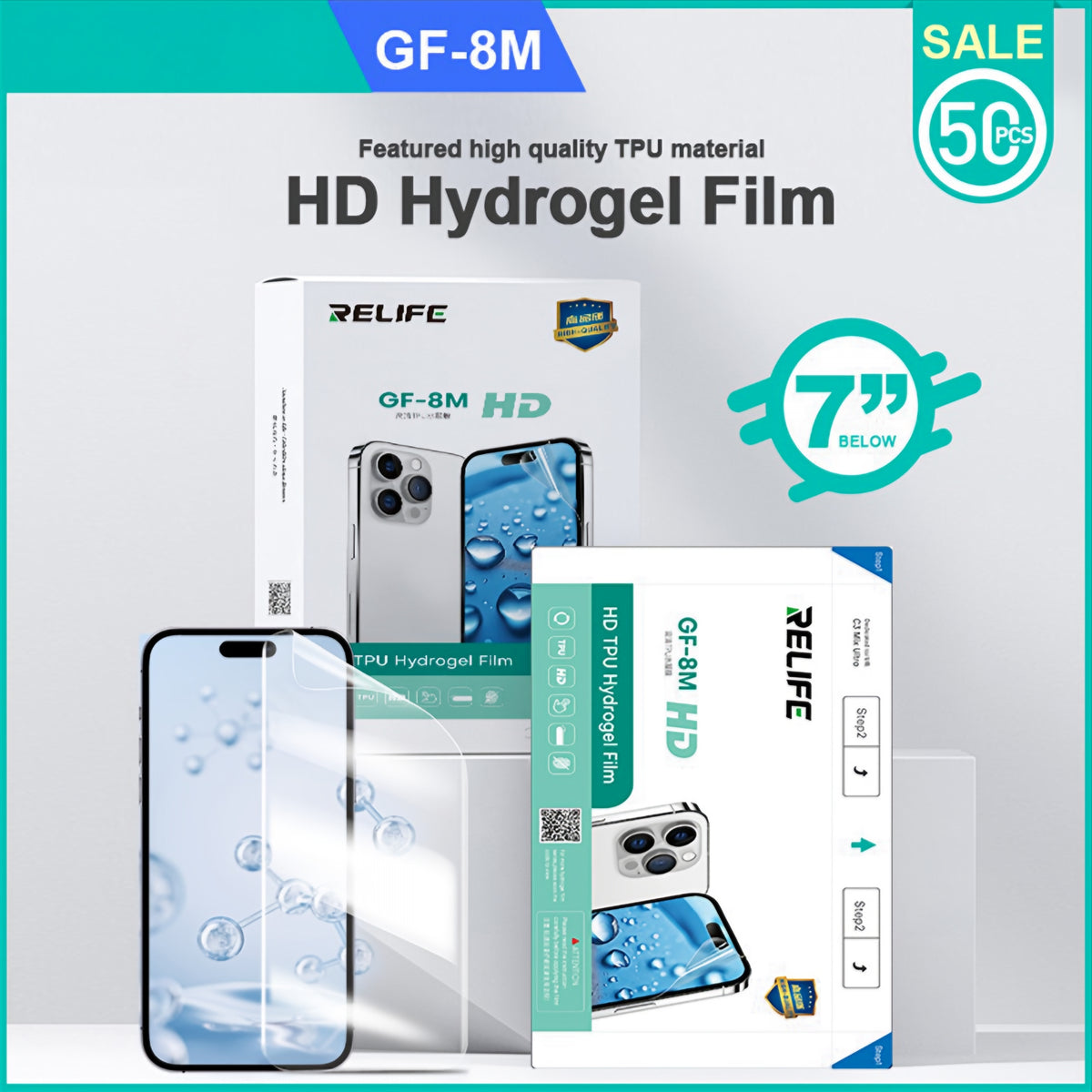 Relife GF-8M Hydrogel / TPU Film for Sunshine C3 Mix Ultra UV Vacuum Laminating Machine, 120mm x 210mm, Set of 50 pieces