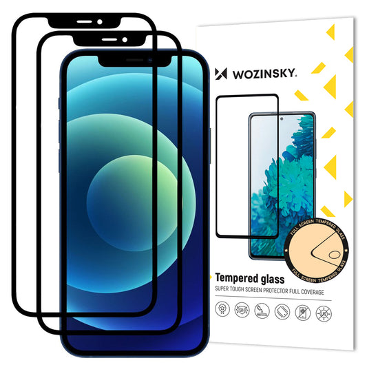 Προστατευτική μεμβράνη οθόνης WZK για Apple iPhone 12 / 12 Pro, Ασφαλισμένο γυαλί, Πλήρης κόλλα, Σετ 2 τεμαχίων, Φιλικό προς θήκες, Μαύρο