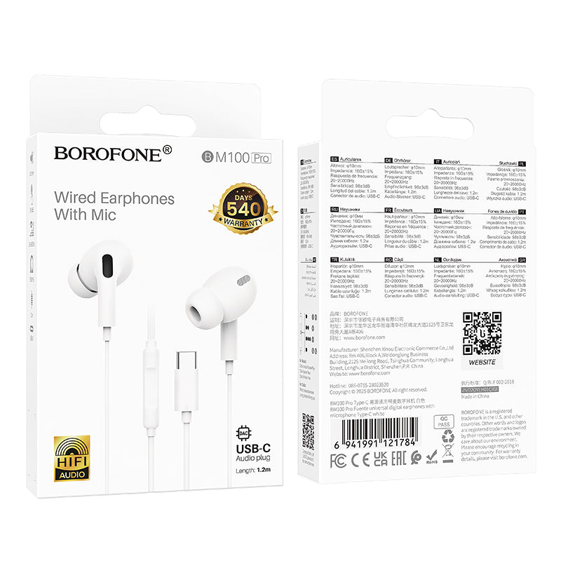 Handsfree USB-C Borofone BM100 Pro Fuente, Λευκό