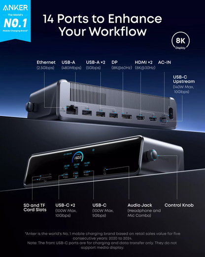 Πολυλειτουργικό Hub Anker Prime, 3 x USB-A - 4 x USB-C - 1 x DisplayPort - 2 x HDMI - 1 x υποδοχή 3,5 mm - 1 x RJ45 - 1 x SD - 1 x microSD, Γκρι A83B33A1