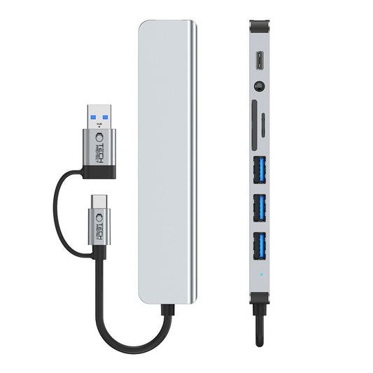 Hub USB / USB-C Tech-Protect HB06, 2 x USB-A 3.0 - 2 x USB-A - 1 x USB-C - 1 x Jack 3.5mm - 1 x SD - 1 x microSD, Γκρι