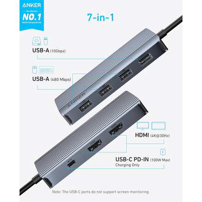 Anker USB-C Hub, 1 x USB-A 3.2 - 3 x USB-A - 1 x USB-C - 2 x HDMI, Gray A83740A2