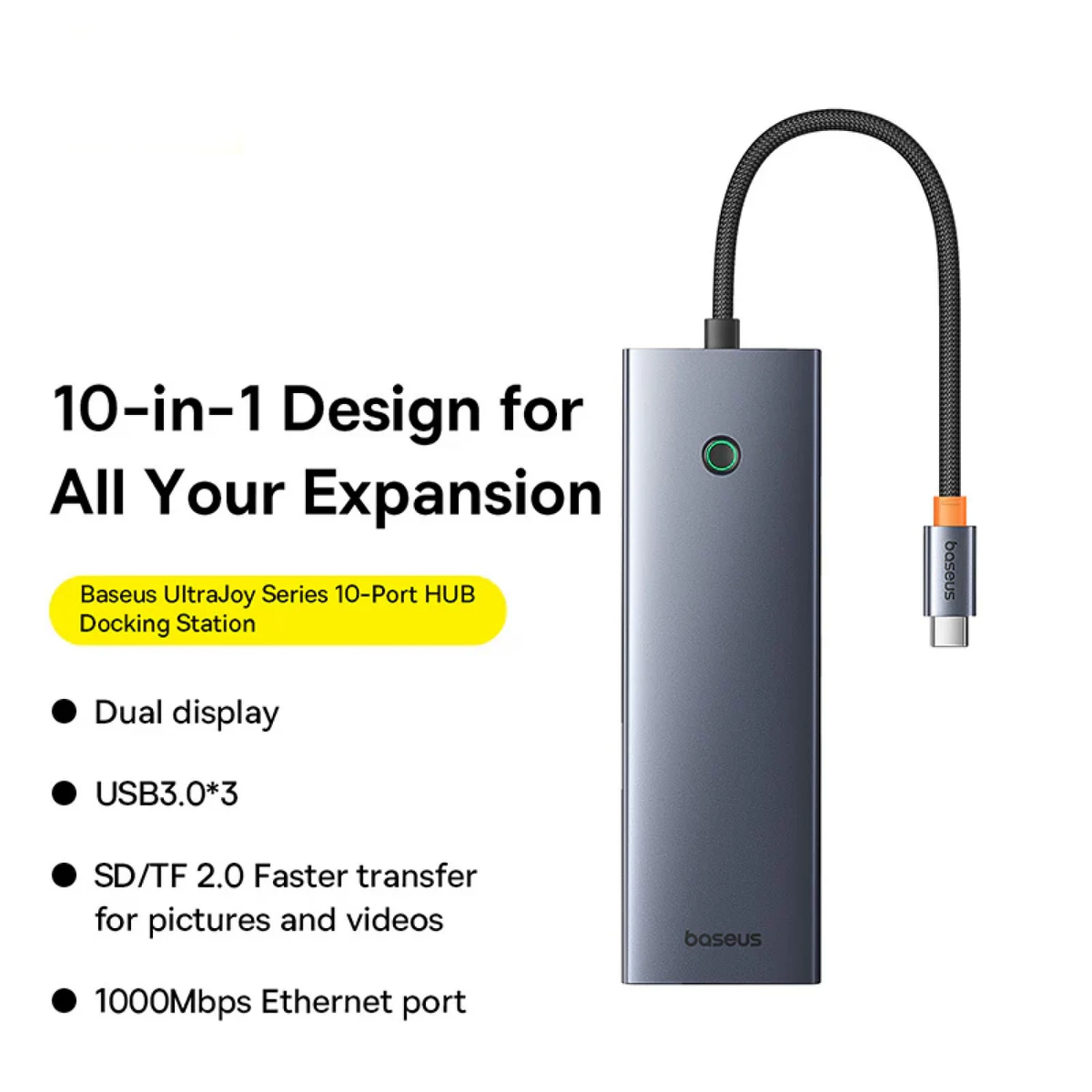 Hub USB-C Baseus UltraJoy, 3 x USB-A 3.0 - 1 x USB-C - 1 x HDMI - 1 x VGA - 1 x Jack 3.5mm - 1 x RJ45 - 1 x SD - 1 x microSD, Γκρι B0005280C811-00