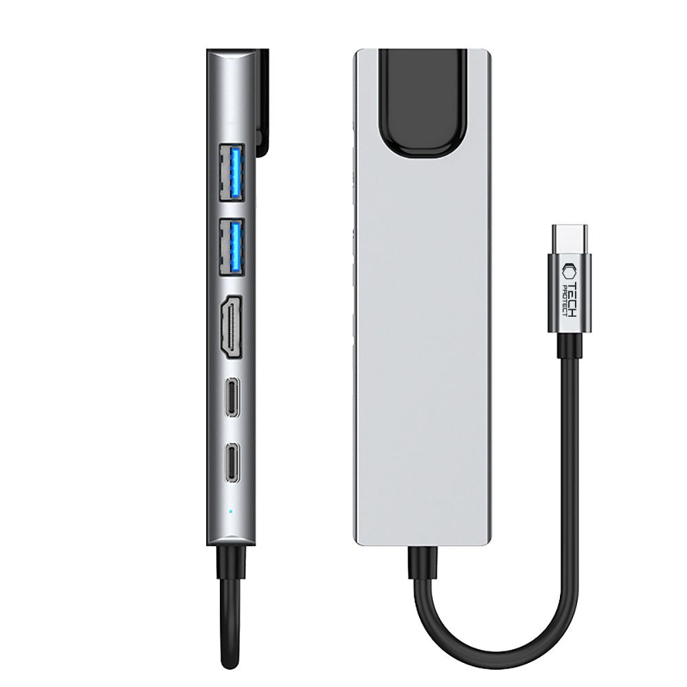 Hub USB-C Tech-Protect HB02, 1 x USB-A 3.0 - 1 x USB-A - 2 x USB-C - 1 x HDMI - 1 x RJ45, Γκρι