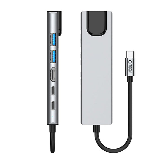 Hub USB-C Tech-Protect HB02, 1 x USB-A 3.0 - 1 x USB-A - 2 x USB-C - 1 x HDMI - 1 x RJ45, Γκρι