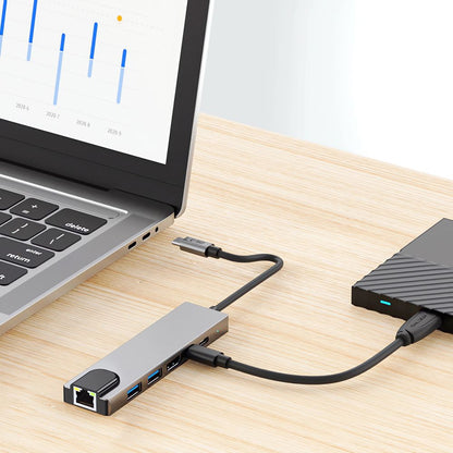 Hub USB-C Tech-Protect HB02, 1 x USB-A 3.0 - 1 x USB-A - 2 x USB-C - 1 x HDMI - 1 x RJ45, Γκρι