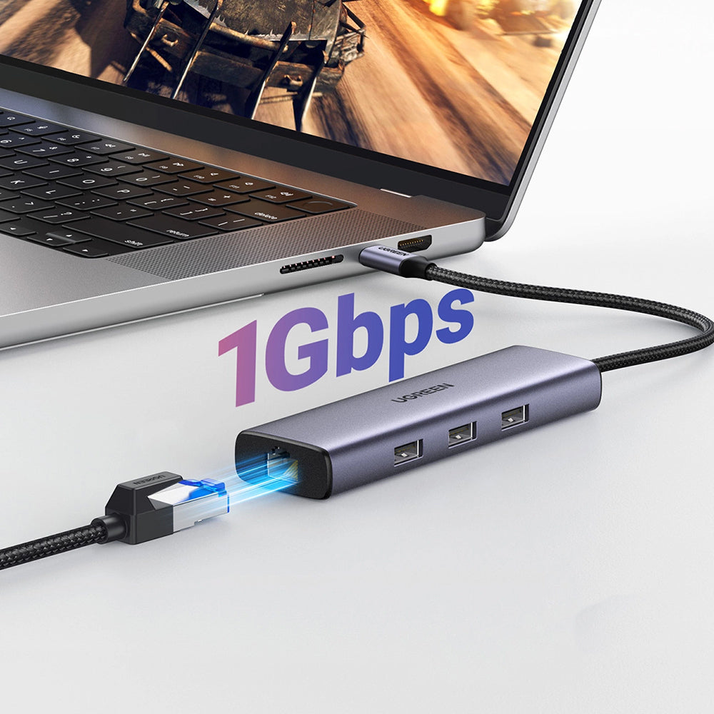Hub USB-C UGREEN CM512 (15598), 3 x USB-A 3.0 - 1 x USB-C - 1 x HDMI - 1 x RJ45, Γκρι