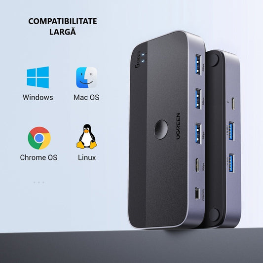 UGREEN CM662 USB Switch, 3 x USB-A 3.0 - 1 x USB-C - 1 x miniUSB, Black
