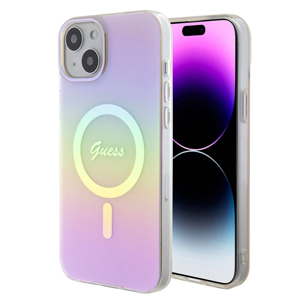 Θήκη MagSafe για Apple iPhone 15, Guess, IML Iridescent Script, Ροζ