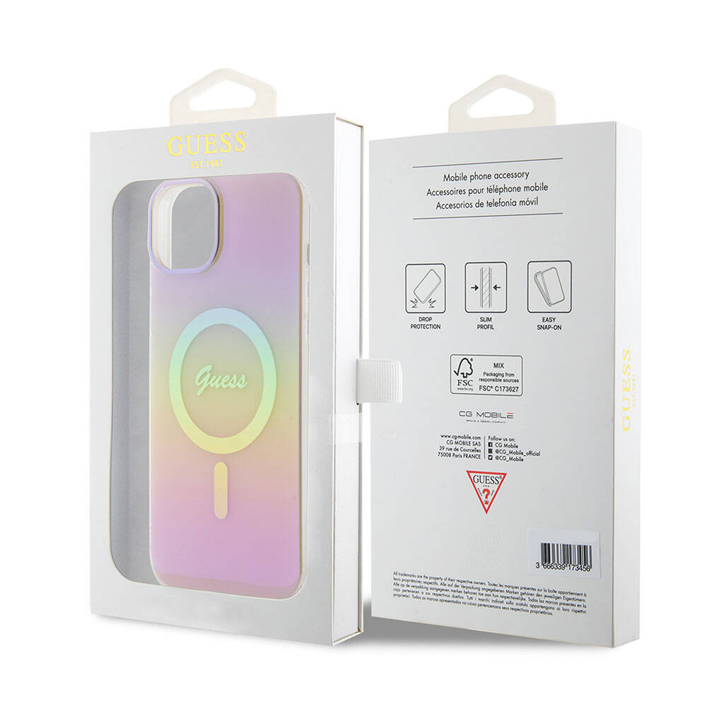 Θήκη MagSafe για Apple iPhone 15, Guess, IML Iridescent Script, Ροζ