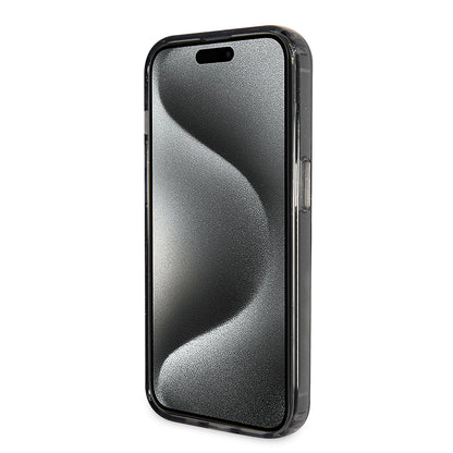 MagSafe Case for Apple iPhone 15, Guess, Ring Stand Script Glitter, Black