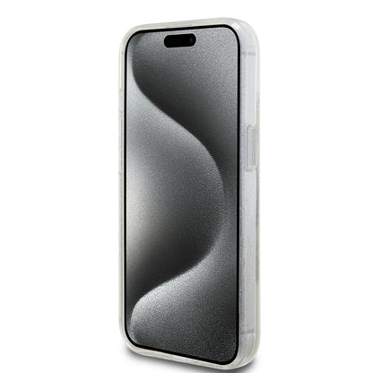 MagSafe Case for Apple iPhone 15, Guess, Ring Stand Script Glitter, Transparent
