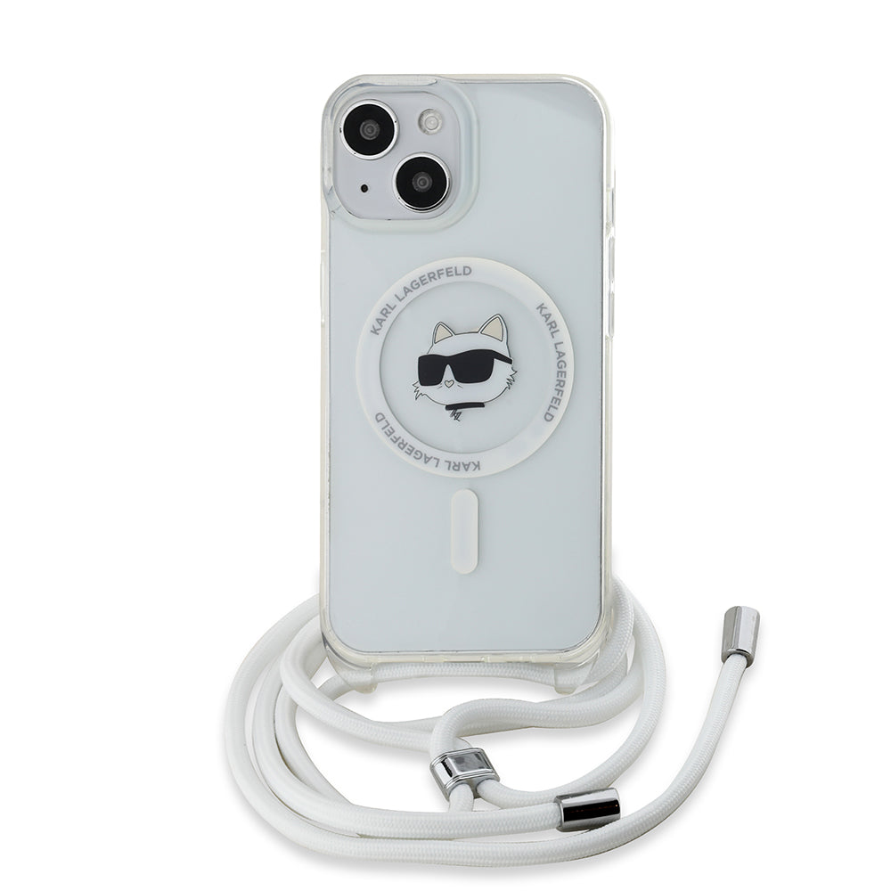 Θήκη MagSafe για Apple iPhone 15, Karl Lagerfeld, IML Crossbody Choupette's Head with Strap, Διάφανη