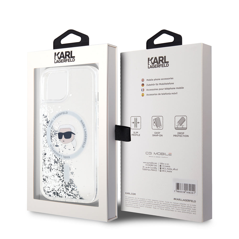 Θήκη MagSafe για Apple iPhone 15, Karl Lagerfeld, Liquid Glitter Karl's Head, Διαφανής
