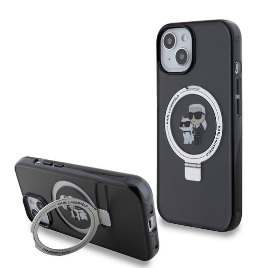 Θήκη MagSafe για Apple iPhone 15, Karl Lagerfeld, Ring Stand Karl & Choupette, Μαύρη
