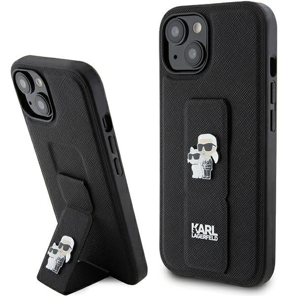MagSafe Case for Apple iPhone 15, Karl Lagerfeld, Saffiano Gripstand Karl & Choupette, Black