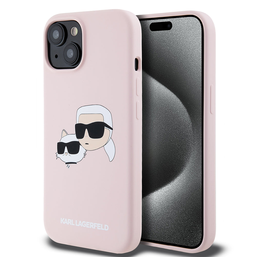 Θήκη MagSafe για Apple iPhone 15, Karl Lagerfeld, Σιλικόνη Karl & Choupette's Heads, Ροζ
