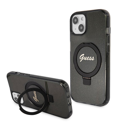 Θήκη MagSafe για Apple iPhone 15 Plus, Guess, Ring Stand Script Glitter, Μαύρη