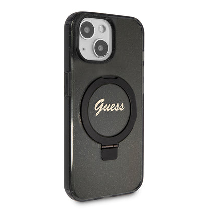 Θήκη MagSafe για Apple iPhone 15 Plus, Guess, Ring Stand Script Glitter, Μαύρη