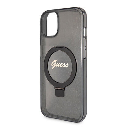 Θήκη MagSafe για Apple iPhone 15 Plus, Guess, Ring Stand Script Glitter, Μαύρη