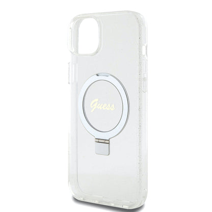 MagSafe Case for Apple iPhone 15 Plus, Guess, Ring Stand Script Glitter, Transparent