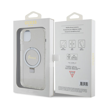 MagSafe Case for Apple iPhone 15 Plus, Guess, Ring Stand Script Glitter, Transparent