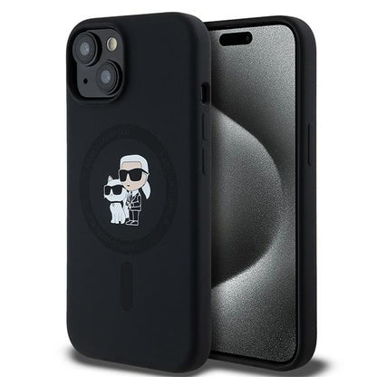 MagSafe Case for Apple iPhone 15 Plus, Karl Lagerfeld, Karl & Choupette Silicone, Black