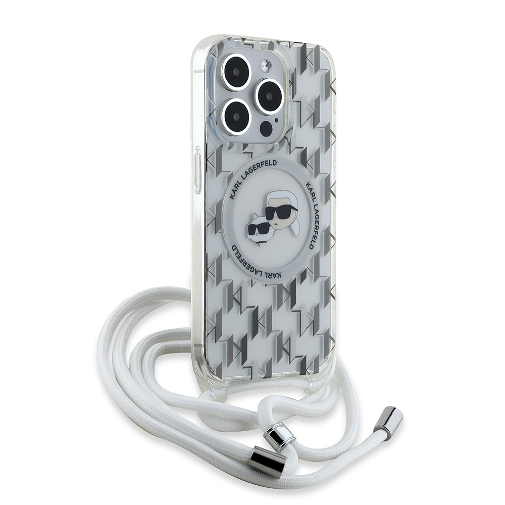 Θήκη MagSafe για Apple iPhone 15 Pro, Karl Lagerfeld, IML Crossbody Monogram Karl & Choupette's Heads, Διαφανής