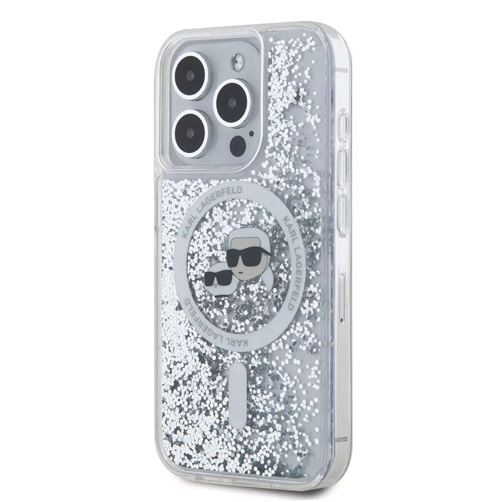 Θήκη MagSafe για Apple iPhone 15 Pro, Karl Lagerfeld, Liquid Glitter Karl & Choupette's Heads, Διαφανής