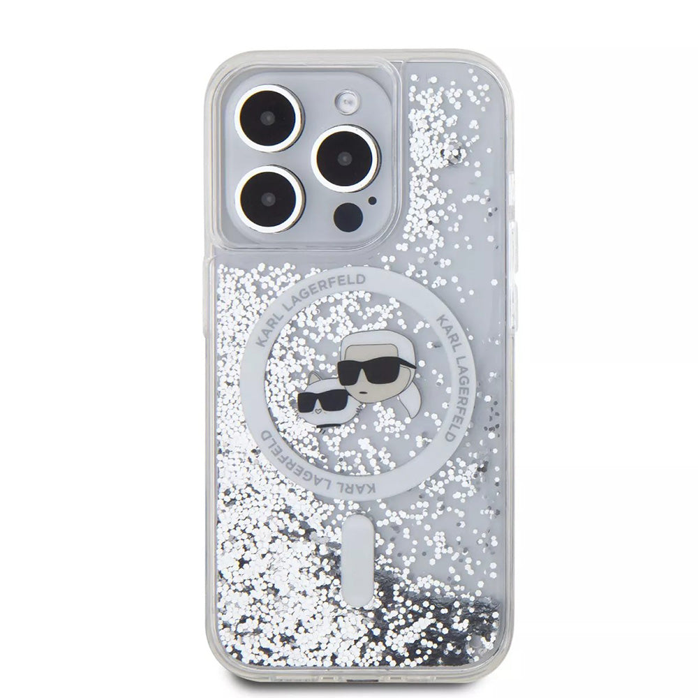 Θήκη MagSafe για Apple iPhone 15 Pro, Karl Lagerfeld, Liquid Glitter Karl & Choupette's Heads, Διαφανής