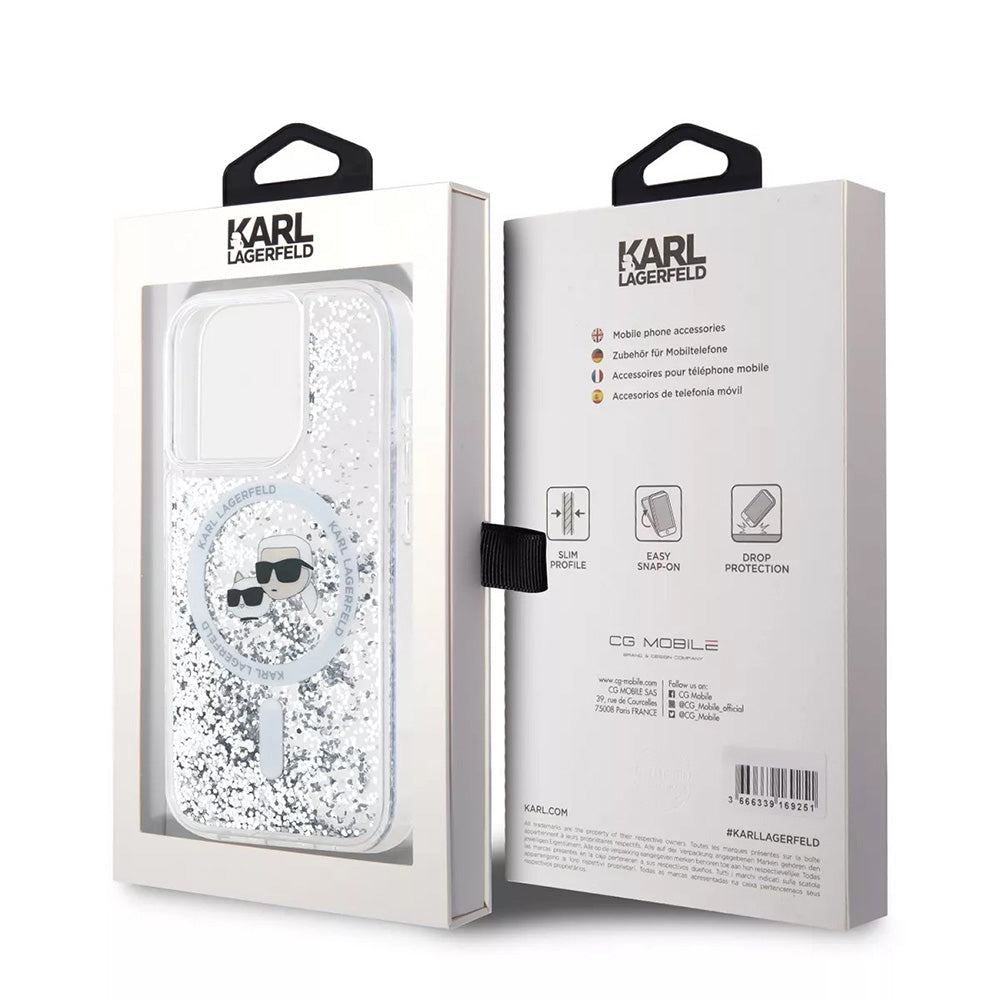 Θήκη MagSafe για Apple iPhone 15 Pro, Karl Lagerfeld, Liquid Glitter Karl & Choupette's Heads, Διαφανής