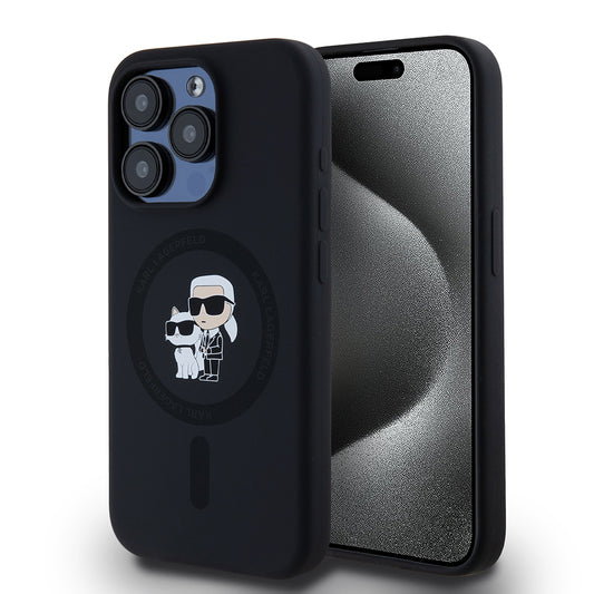 Θήκη MagSafe για Apple iPhone 15 Pro, Karl Lagerfeld, Σιλικόνη Karl & Choupette, Μαύρη