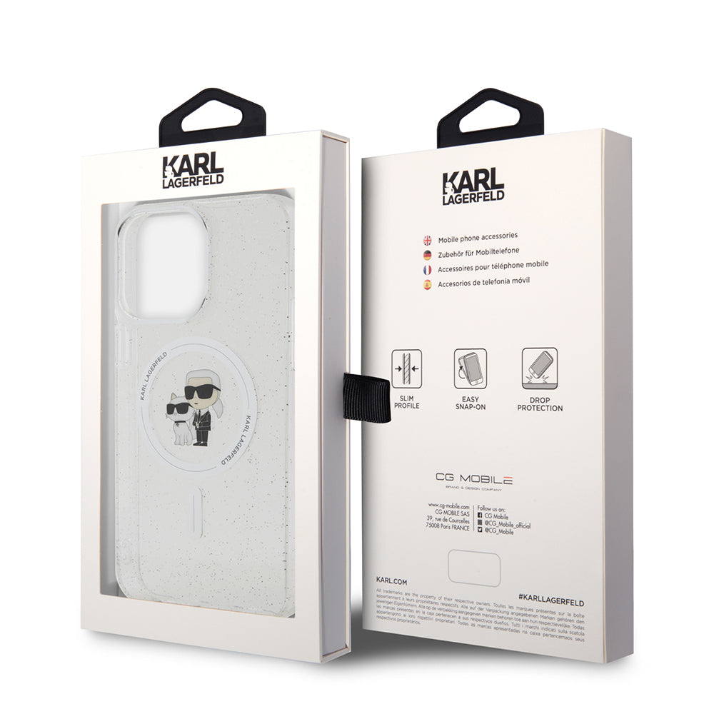 MagSafe Case for Apple iPhone 15 Pro Max, Karl Lagerfeld, Glitter Karl & Choupette, Transparent