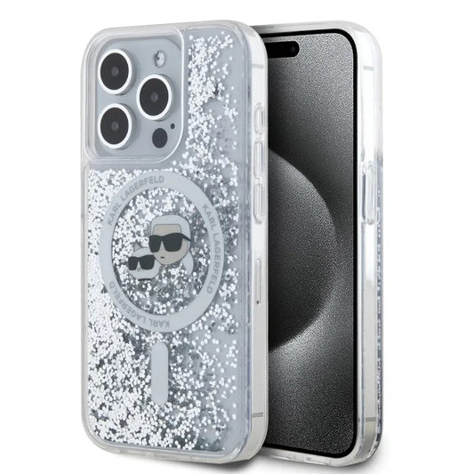 Θήκη MagSafe για Apple iPhone 15 Pro Max, Karl Lagerfeld, Liquid Glitter Karl & Choupette's Heads, Διάφανη