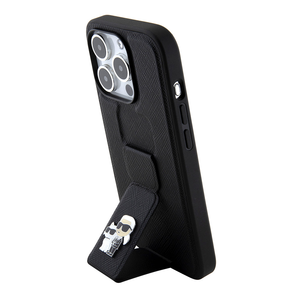 MagSafe Case for Apple iPhone 15 Pro Max, Karl Lagerfeld, Saffiano Gripstand Karl & Choupette, Black