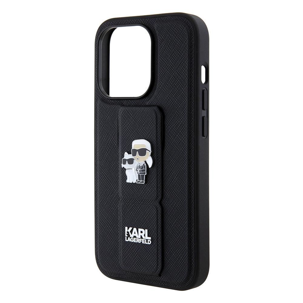 MagSafe Case for Apple iPhone 15 Pro Max, Karl Lagerfeld, Saffiano Gripstand Karl & Choupette, Black