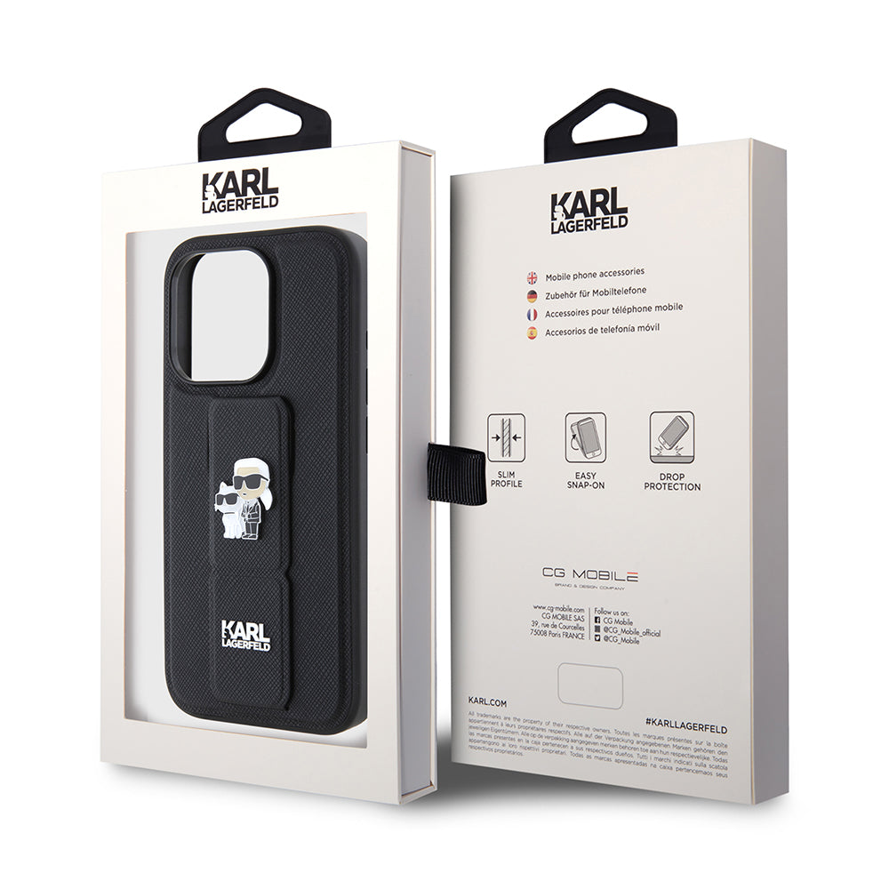 MagSafe Case for Apple iPhone 15 Pro Max, Karl Lagerfeld, Saffiano Gripstand Karl & Choupette, Black
