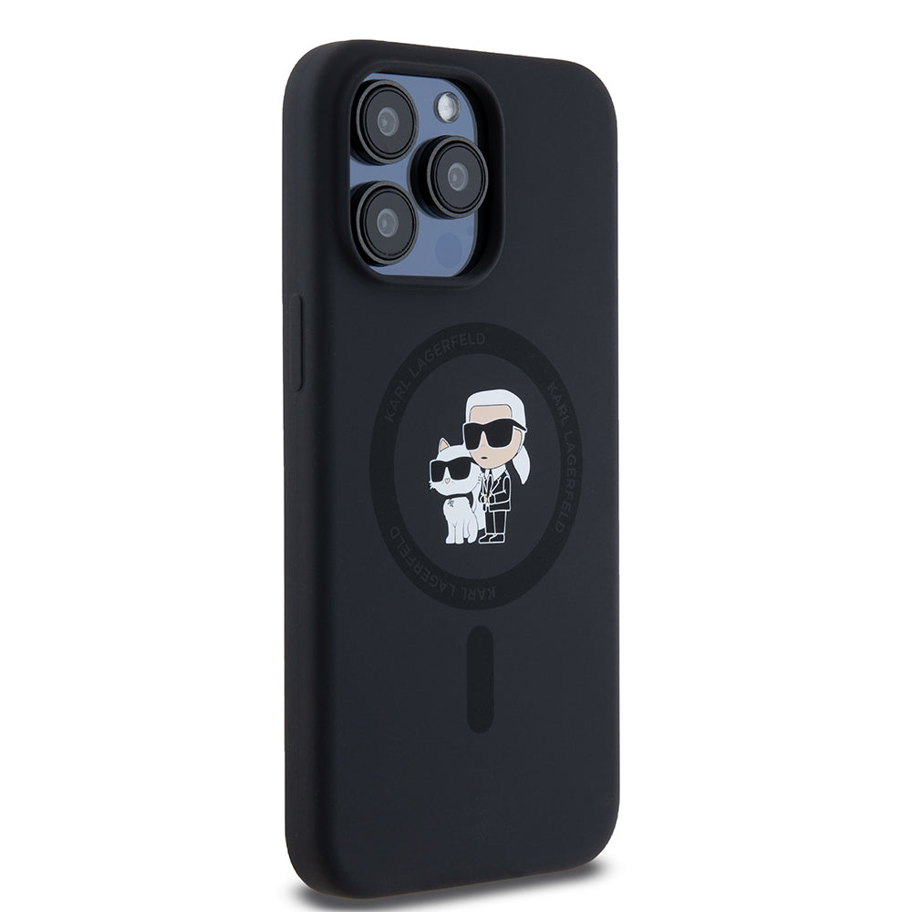 Θήκη MagSafe για Apple iPhone 15 Pro Max, Karl Lagerfeld, Silicone Ring Karl & Choupette, Μαύρη