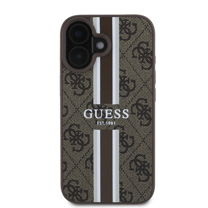 MagSafe Case for Apple iPhone 16, Guess, 4G Printed Stripes, Brown