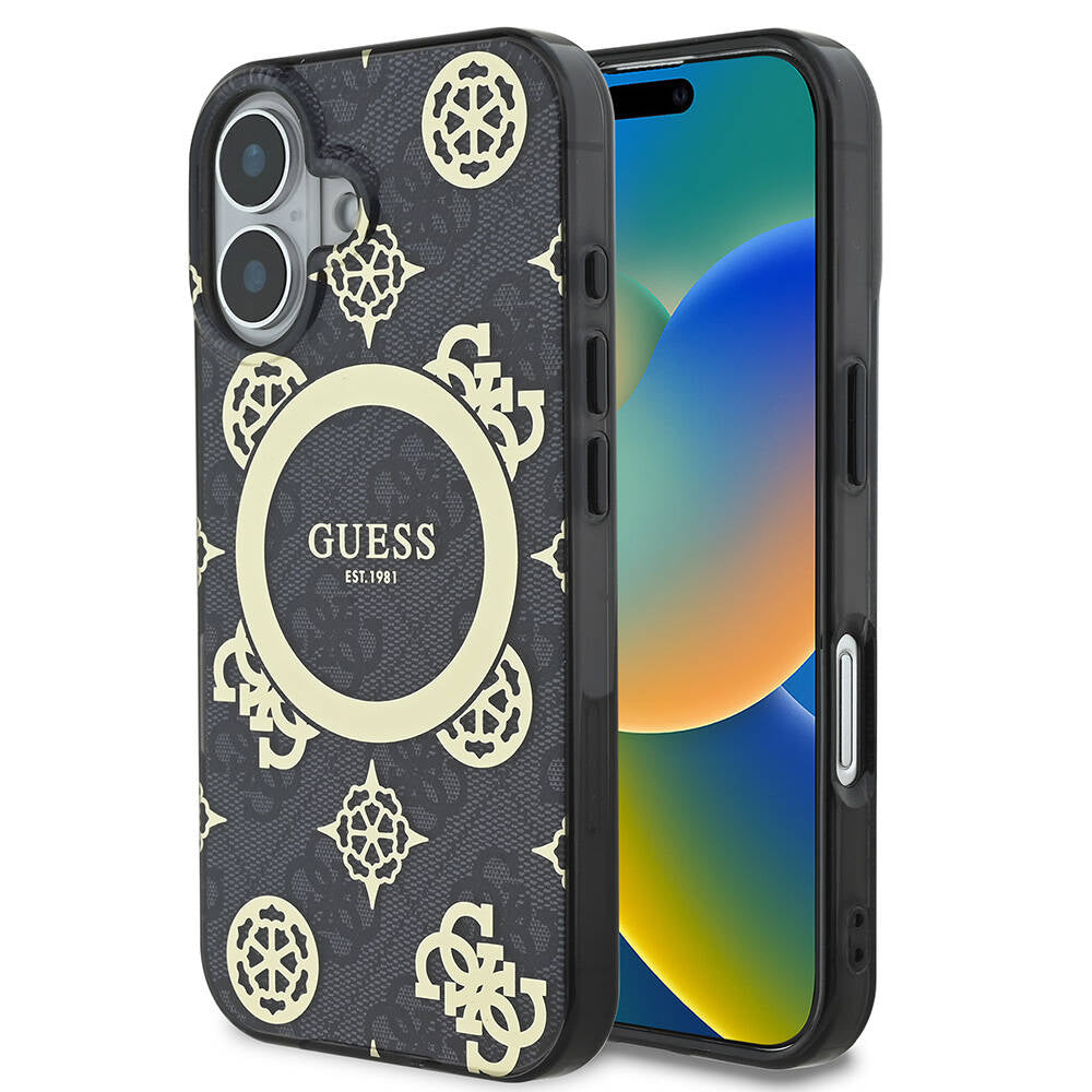 MagSafe Case for Apple iPhone 16, Guess, IML 4G Peony, Black