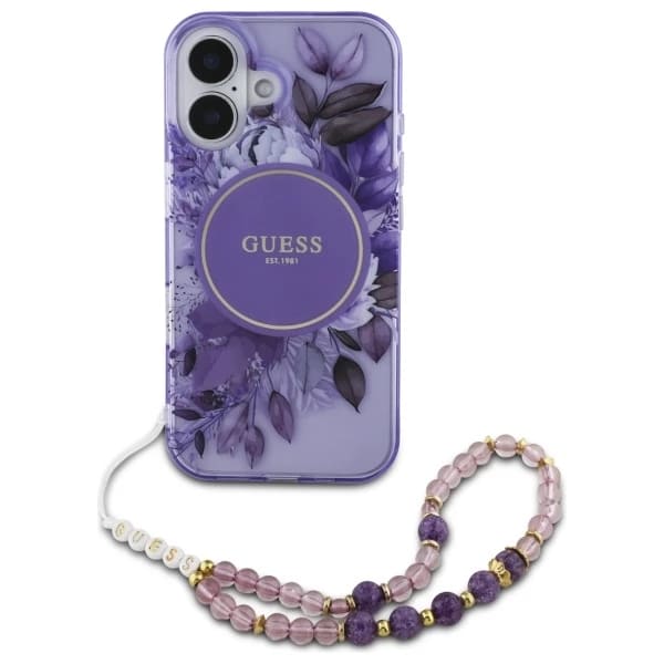 Θήκη MagSafe για Apple iPhone 16, Guess, IML Flowers with Pearl Strap, Μωβ