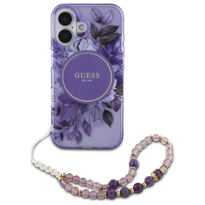 Θήκη MagSafe για Apple iPhone 16, Guess, IML Flowers with Pearl Strap, Μωβ