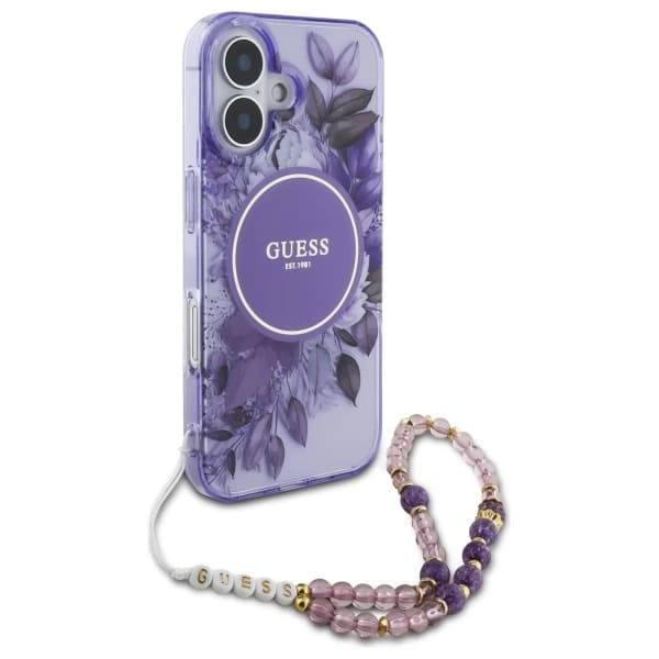 Θήκη MagSafe για Apple iPhone 16, Guess, IML Flowers with Pearl Strap, Μωβ