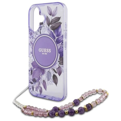 Θήκη MagSafe για Apple iPhone 16, Guess, IML Flowers with Pearl Strap, Μωβ