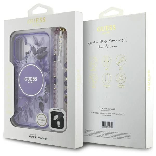 Θήκη MagSafe για Apple iPhone 16, Guess, IML Flowers with Pearl Strap, Μωβ
