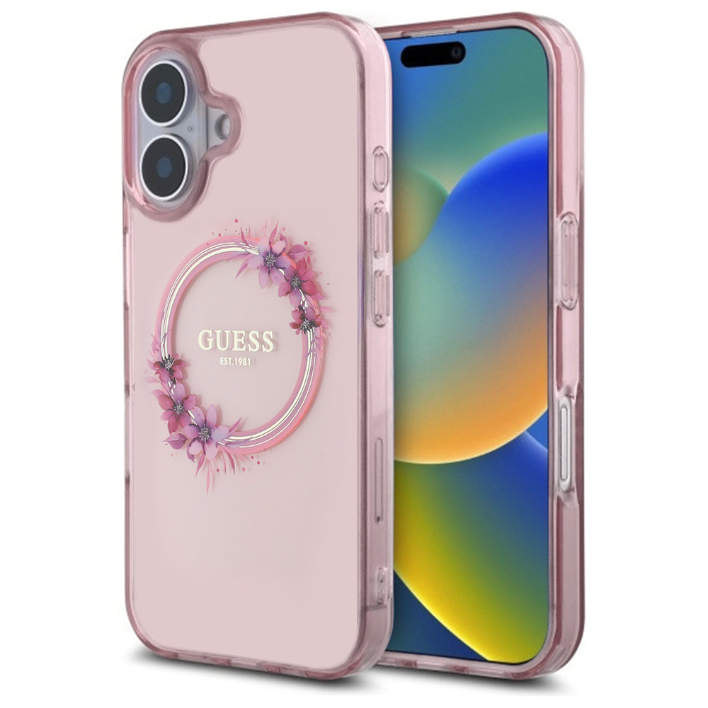 Θήκη MagSafe για Apple iPhone 16, Guess, IML Flowers Wreath, Ροζ