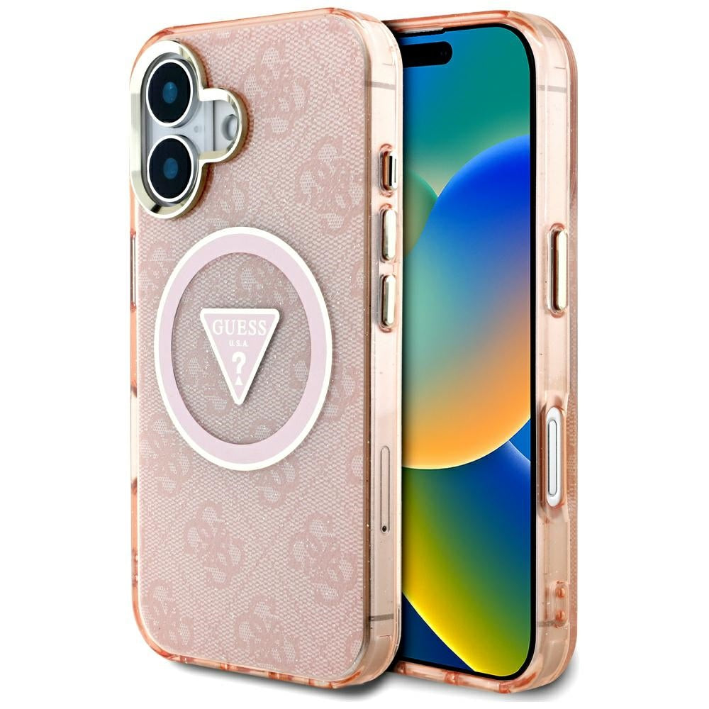 MagSafe Case for Apple iPhone 16, Guess, IML Glitter 4G Circle Triangle, Pink