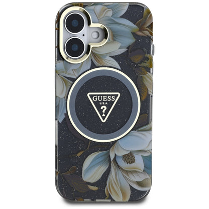 Θήκη MagSafe για Apple iPhone 16, Guess, IML Metal Glitter Flowers Triangle, Μαύρη