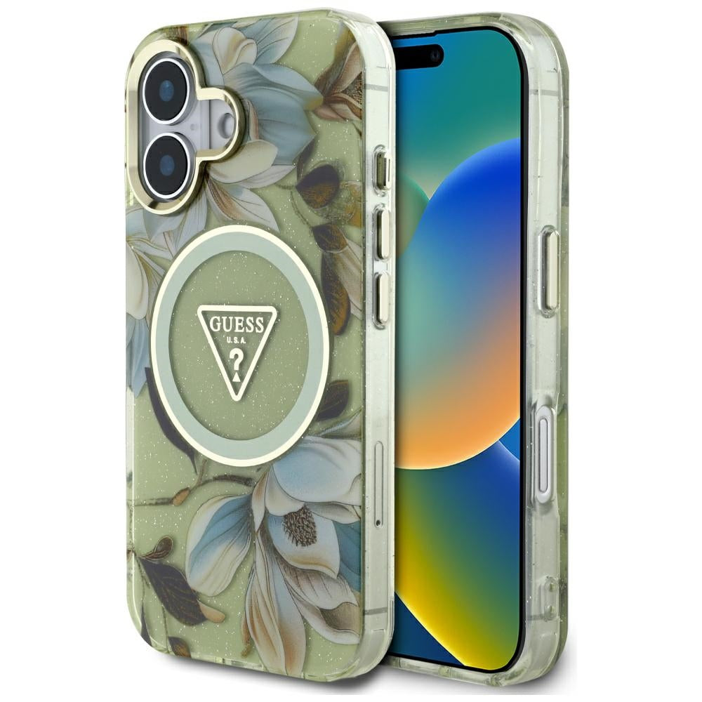 Θήκη MagSafe για Apple iPhone 16, Guess, IML Metal Glitter Flowers Triangle, Πράσινο