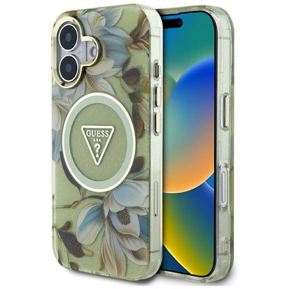 Θήκη MagSafe για Apple iPhone 16, Guess, IML Metal Glitter Flowers Triangle, Πράσινο